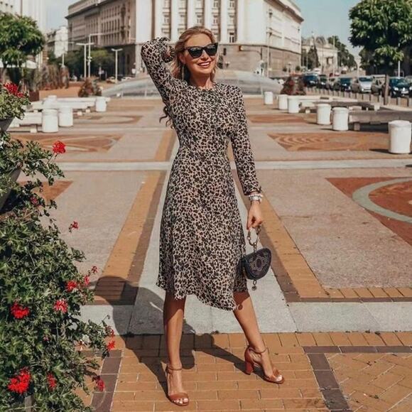 Reformation Port Dress Leopard Animal Print Tie Sleeve Modest Crepe Midi SZ 6 - Picture 2 of 8